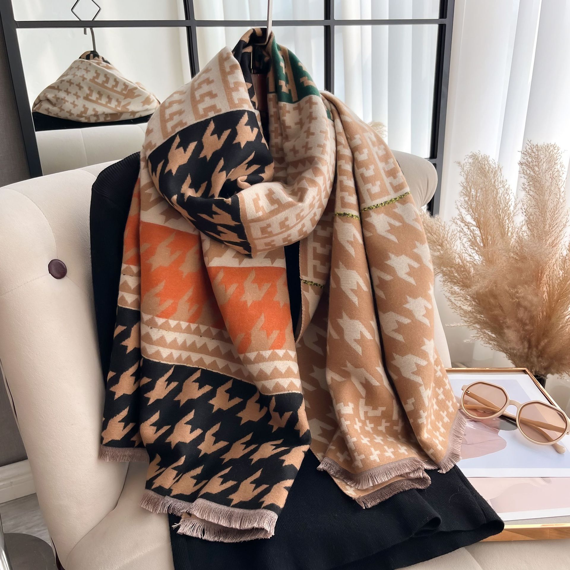 Otoño y invierno nuevo estilo coreano empalmado bufandas Jacquard de doble cara imitación de cachemir gruesa mantel caliente para mujeres