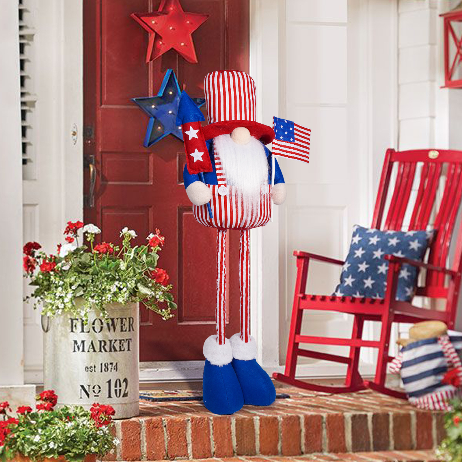 Día de la Independencia transfronterizo bandera de Estados Unidos muñeca sin cara de pie retráctil muñeca enana decoración