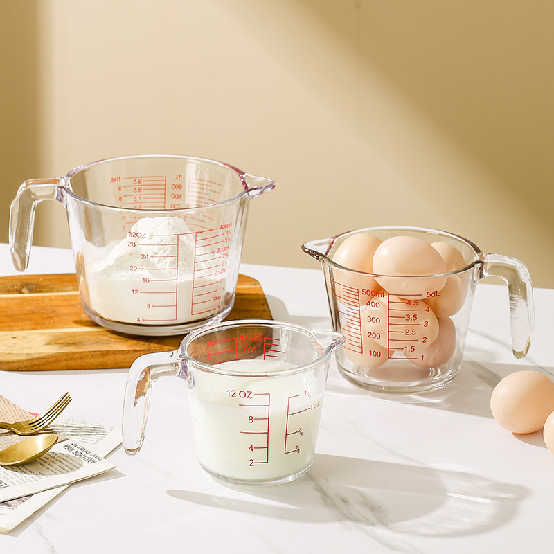 Taza de calor con escala Taza de vidrio Taza de huevo casera Taza de harina de té de leche Taza de medición ml Taza de escala de horneado