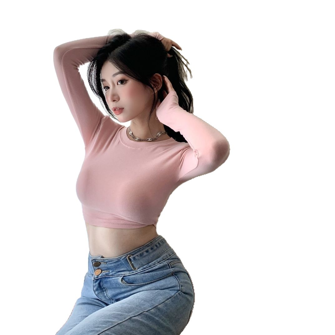 Camiseta de manga larga de las mujeres de estilo coreano corto apretado chica caliente bottoming camisa de primavera y otoño nuevo estilo de color sólido Delgado cuello redondo superior