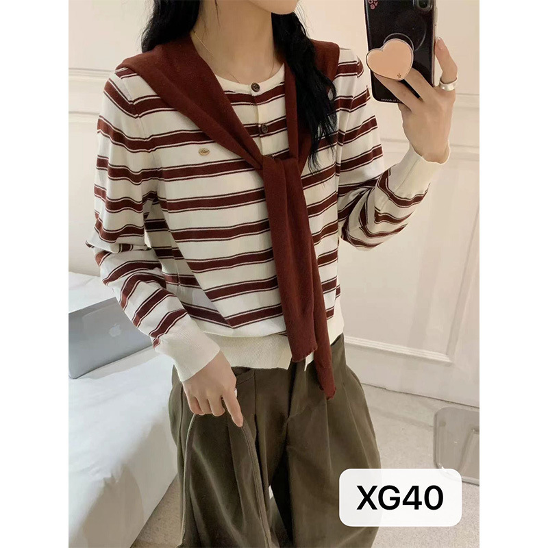 韩版圆领披肩条纹针织开衫女秋季洋气百搭小衫外套高级感显瘦上衣|undefined