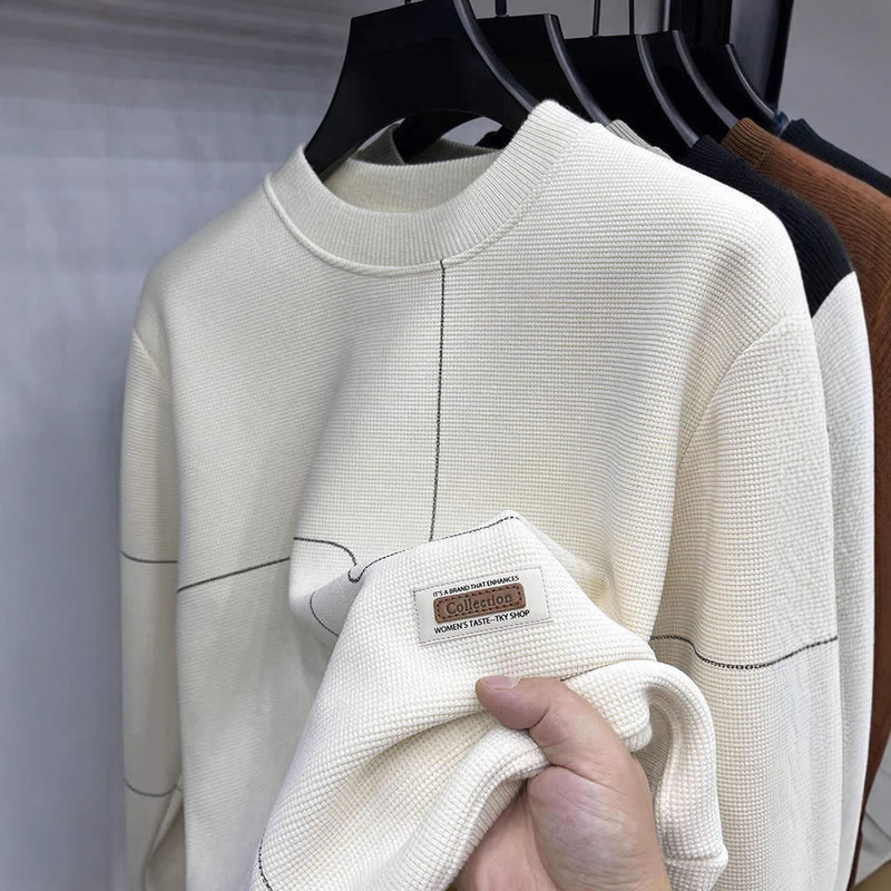 2024 New Winter fleece-lined Sweater Men's Thickened Warm Sweater Inner Fleece Hatless Casual Crewneck Base Shirt