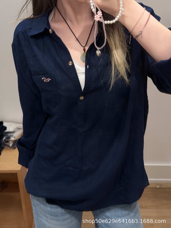 New in stock~ Embroidered seagull three-button plaid shirt for women, old money style, lightweight, relaxed fit, long sleeve shirt New in stock~ Embroidered seagull three-button plaid shirt for women, old money style, lightweight, relaxed fit, long sleeve shirt