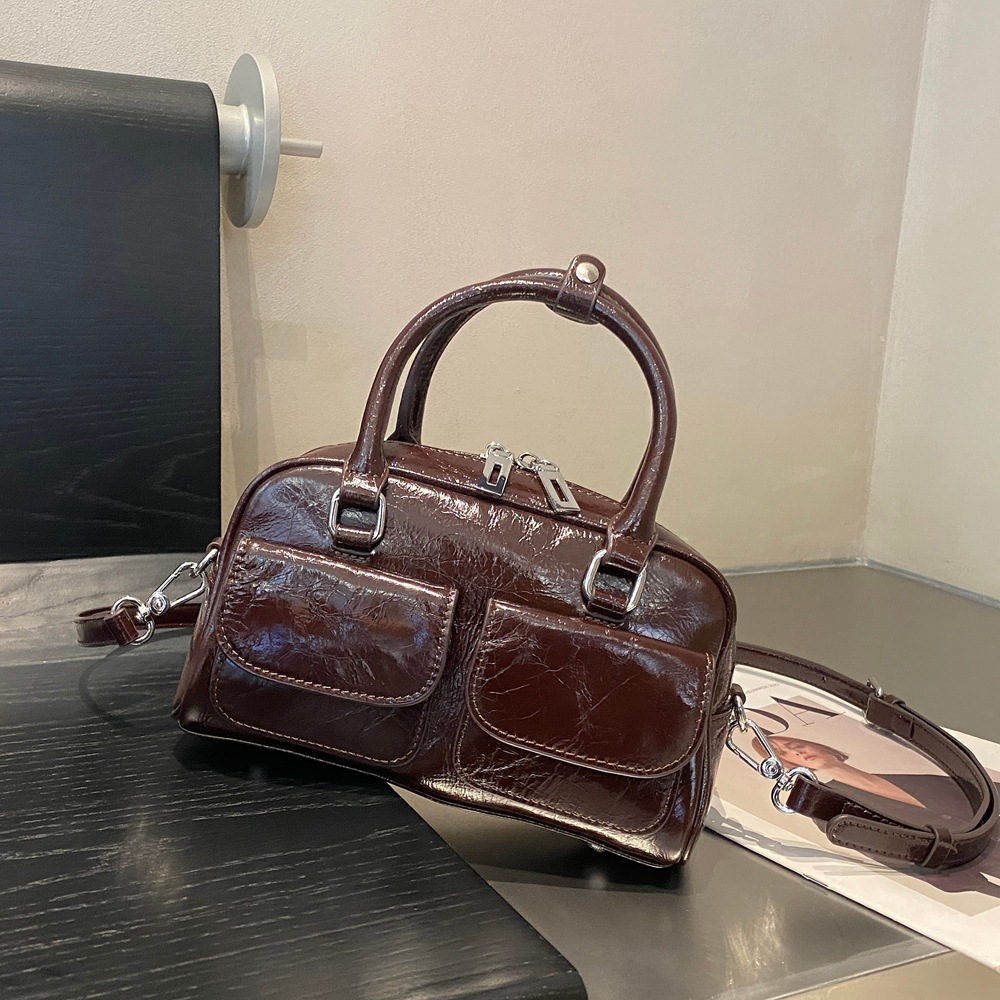 Genuine Leather Retro Handbag For Women, Cracked Cowhide Fashion Simple Bowling Boston Bag, Commuter Shoulder Bag - Thumbnail 4