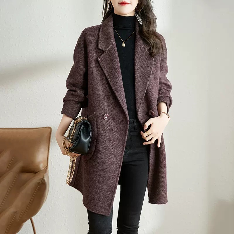 Woolen Outwear Women's 2025 Autumn and Winter New Korean Style Thickeneded Mid-Length Herringbone Woolen Outwear