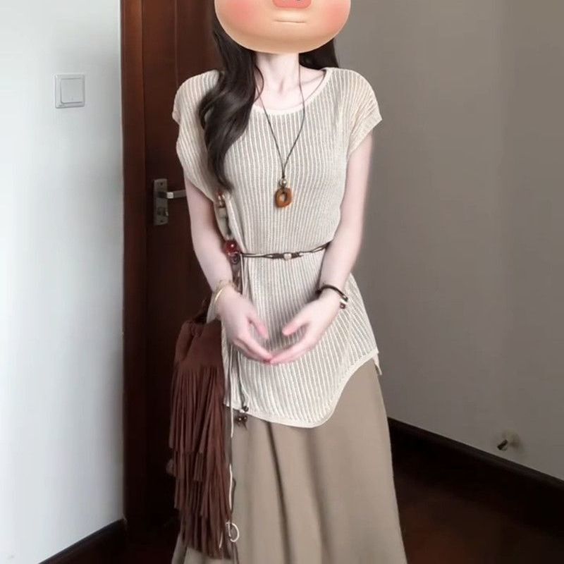 套装女夏新款纯色腰链针织镂空罩衫高腰显瘦百搭背心连衣裙两件套|undefined
