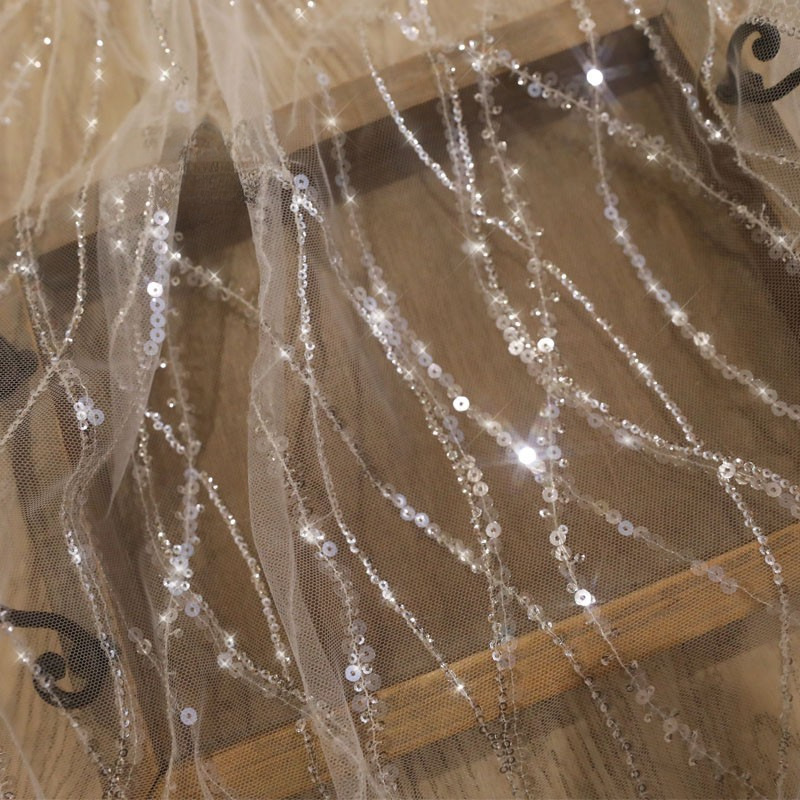 YZ縦紋柔らかいスパンコールレースm115象牙白ウェディングドレス生地服装装飾DIY材料補助材料