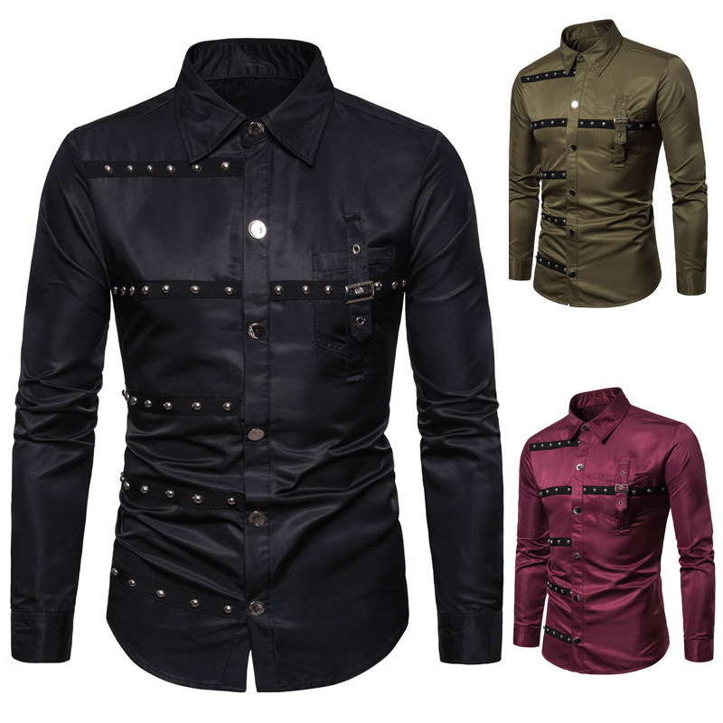 Foreign Trade Summer New European Style Men's Rivet Long Sleeve Shirt Performance Clothing Men's Slim Fit British Style European Size Shirt