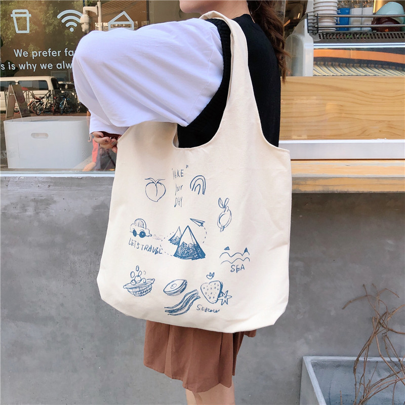 99304 ins single-shoulder hand-carry canvas bag, cute cartoon illustration tote bag for girls, student trend undefined