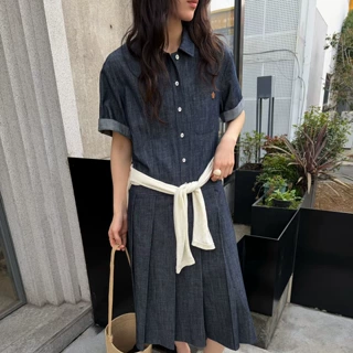 复古蓝短袖牛仔连衣裙女高级感宽松显瘦高腰百褶裙春夏中长裙LA69