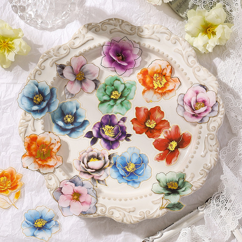 Yue Zhen retro bolsas de pegatinas de flores de viento, serie de pegatinas de película de corte de decoración de la mano de estampado de oro