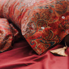 4ah结婚礼物四件套婚庆纯棉品质红色婚礼婚房床上用品喜被美式