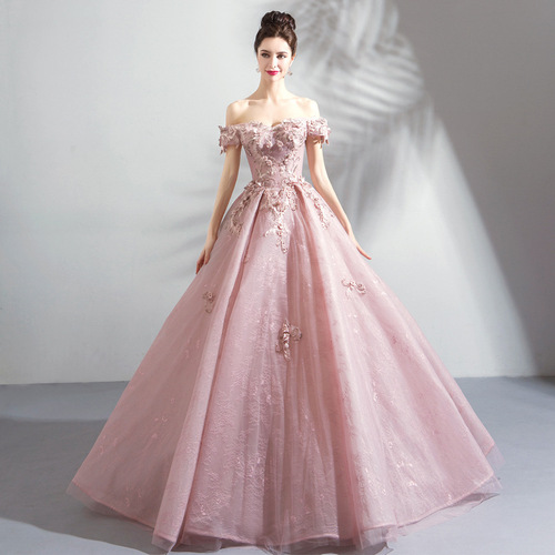 pink evening  dress pink flowers bride wedding toast stage arts exam wedding party banquet party singer host solo dress