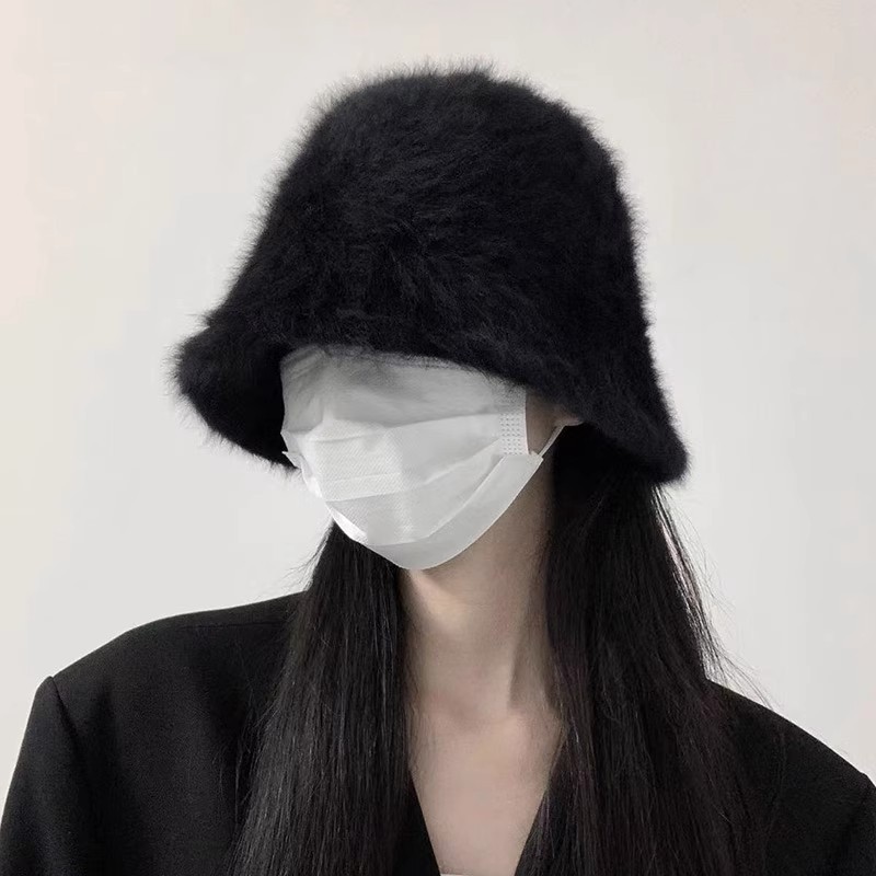 渔夫帽子女款秋冬季韩版百搭ins黑色兔毛绒水桶帽遮脸显脸小盆帽|undefined