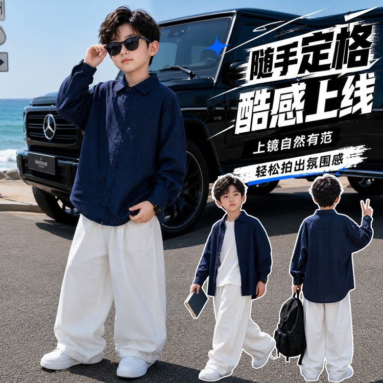 Boys' autumn outfit set 2026 new stylish children's shirt two-piece set for little boys, autumn long-sleeve shirt