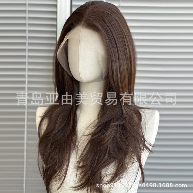 Brown High Level Large Lace Front Lace Cyber Celebrous Wig High Cranial Top Fluffy Imported Silk Emulation Hair Without Knot