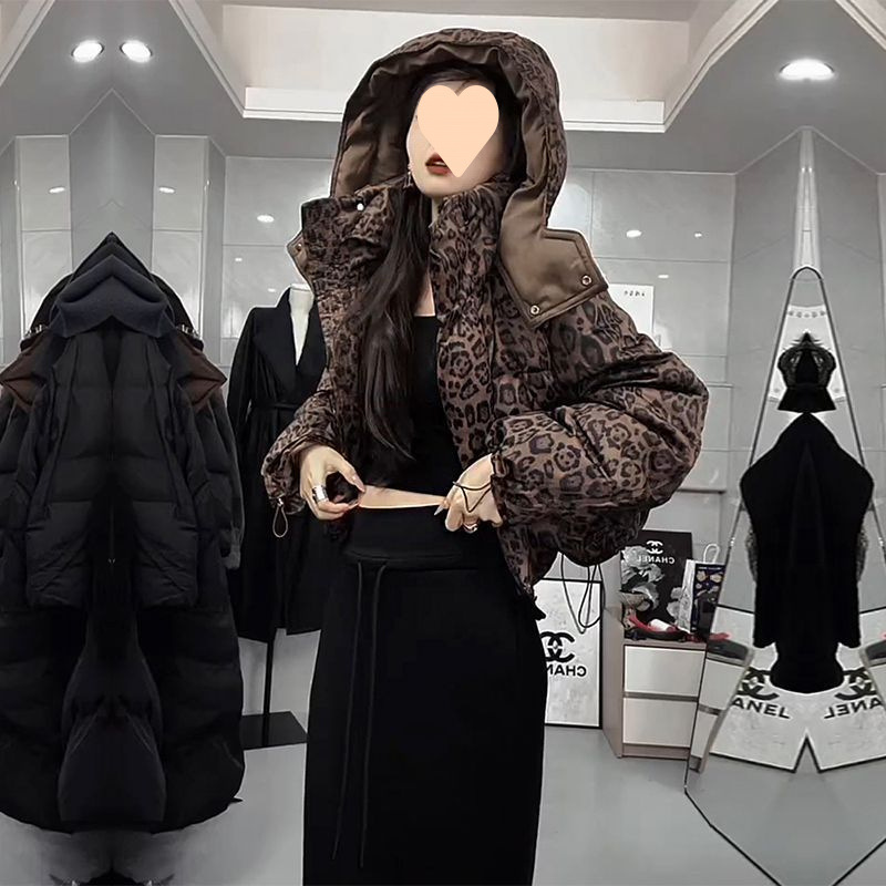 時尚高級感短款豹紋棉服女2025年冬季新款撞色半身裙兩件套潮