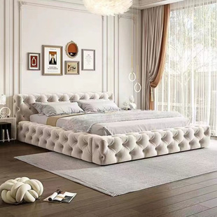 European-Style Light Luxury Button Bed, Cream Ins-Style Fabric Bed, Master Bedroom Floor Bed, Tatami Puff Double Bed