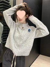 设计感灰色拉链高领毛衣外套女春秋冬小个子宽松短款针织开衫上衣