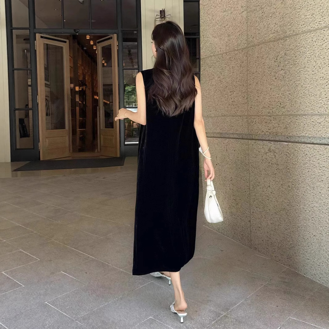Silk velvet black solid color fashionable elegant lace summer dress…
