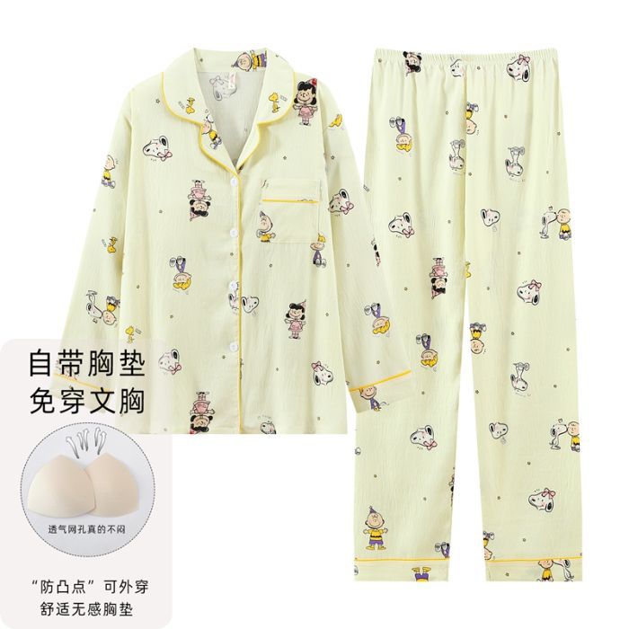 Nube de algodón pijama de primavera y otoño dulce dibujos animados con cojín de pecho cardigan de manga larga pantalones largos dos piezas de ropa de hogar