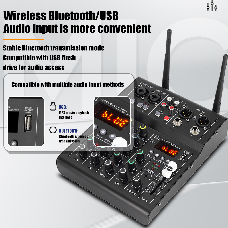 작은 라이브 USB 블루투스 잔향 마이크를 녹음하는 무선 마이크 컴퓨터 사운드 카드가있는 국경 4 방향 믹서