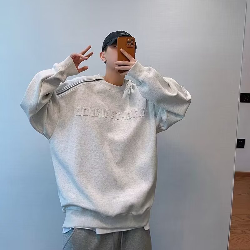 Autumn and Winter New Style Raised Letter Zipper Sweatshirt Men's Trendy Brand Thickeneded Loose Long-Sleeved Off-Shoulder Round Neck Top Jacket Autumn and Winter New Style Raised Letter Zipper Sweatshirt Men's Trendy Brand Thickeneded Loose Long-Sleeved Off-Shoulder Round Neck Top Jacket