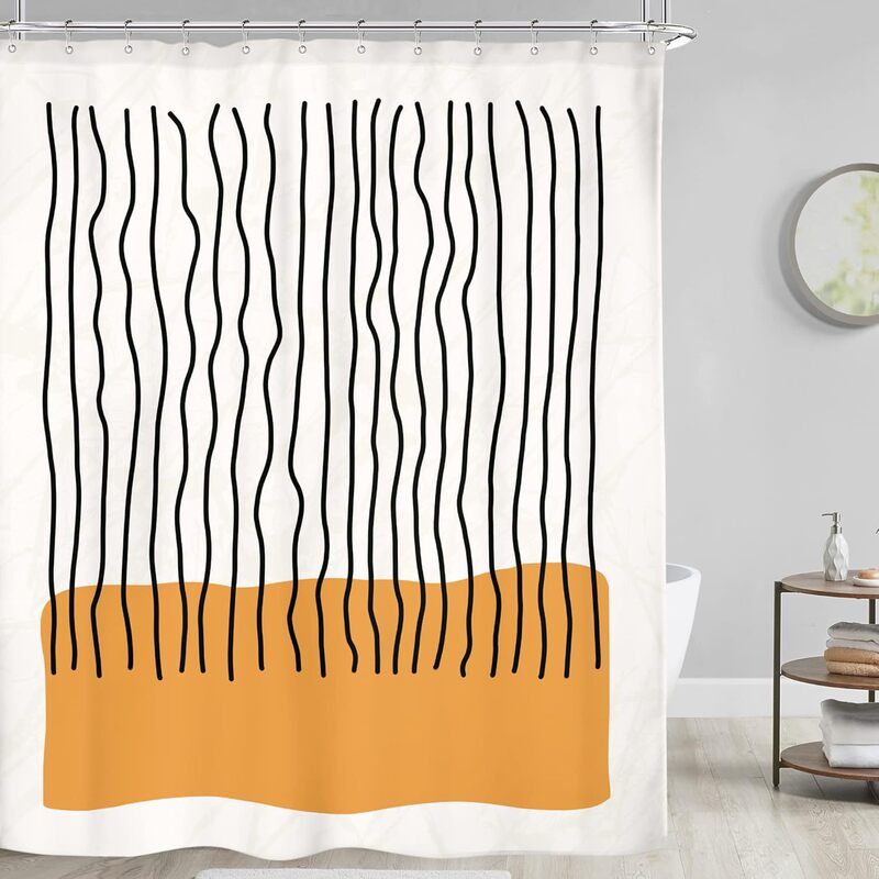 Cross-Border Abstract Medieval Shower Curtain Modern Minimalist Vertical Stripes and Orange Block Bathroom Fabric