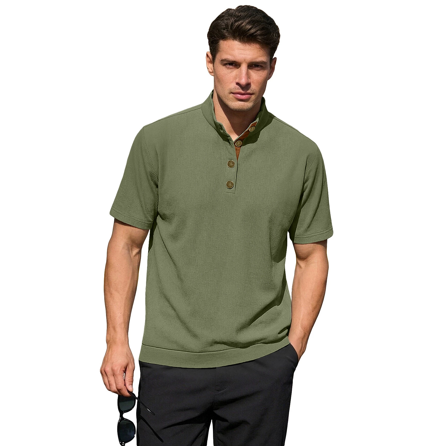 Estación independiente transfronteriza primavera y otoño tamaño europeo hombre ocio al aire libre cuello de manga corta velcro jersey de punto