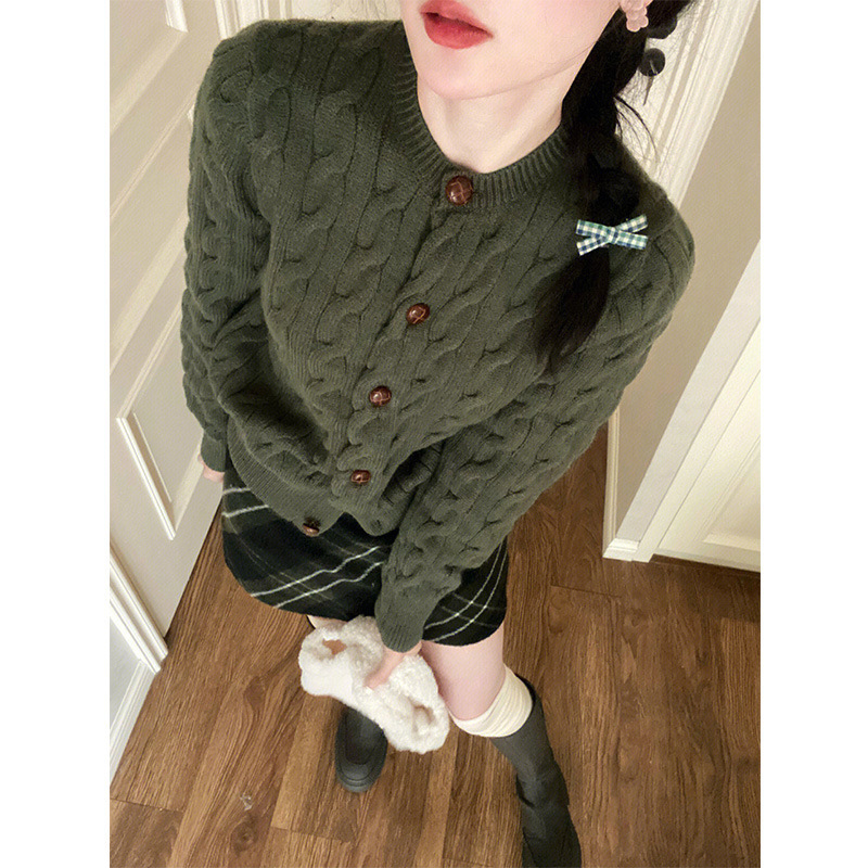 Olive green twist soft glutinous vintage twisted knitted sweater autumn and winter New lazy style short thick cardigan coat