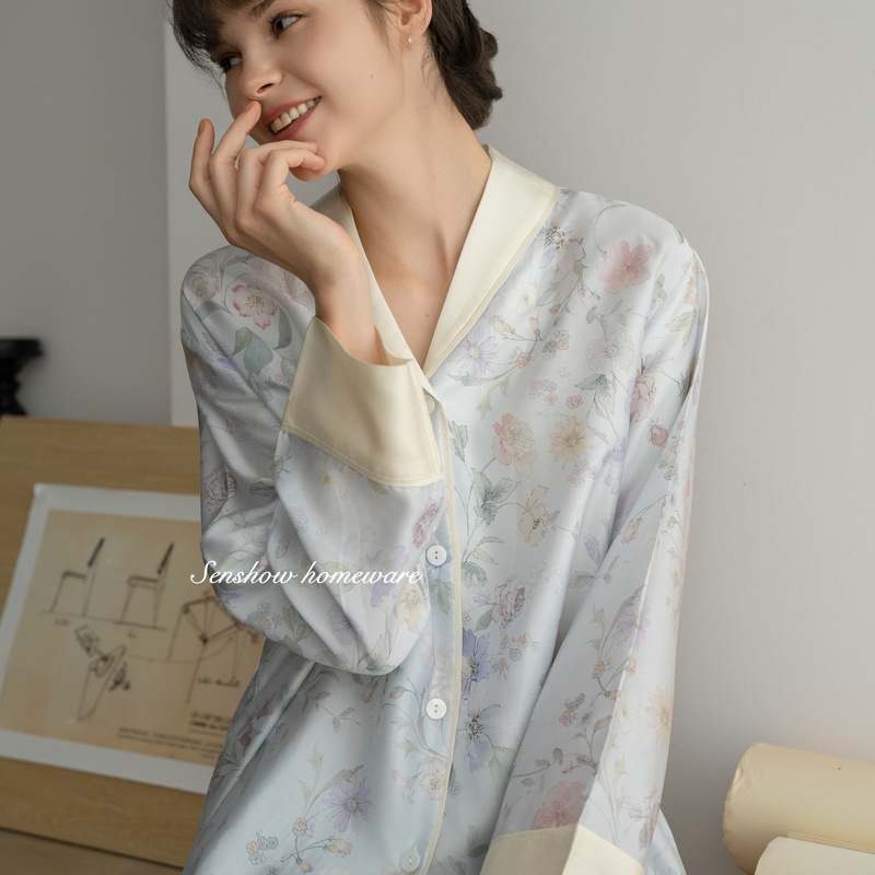 French-Style Elegant Green Fruit Collar High-End Silky Tencel Loungewear, Lightweight Silk Lyocell Printed Long-Sleeve Pajamas