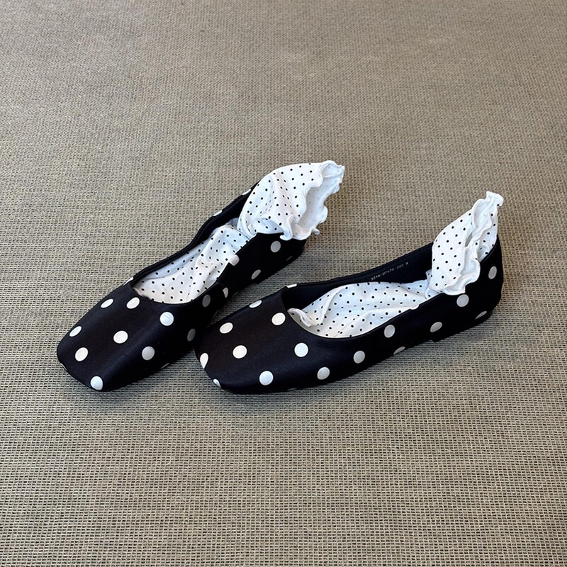 Sheepskin Version~Square-Toe Polka-Dot Low-Heeled Shallow-Mouthed Single Shoes, Korean Style, Elegant Slip-On Soft-Soled Ballet Shoes