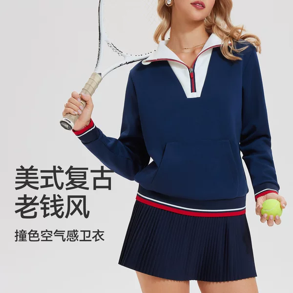 Cross-Border Amazon American-Style Sweatshirt for Women, Sporty and High-End, Autumn and Winter Retro Patchwork, Turn-Down Collar, Long-Sleeved, Casual, Slim Fit for Women