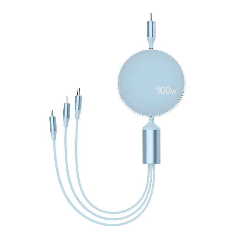 100W PD fast charging cable, 3‑in‑1 Type‑C + Micro + Lightning, retractable, 1-to-3