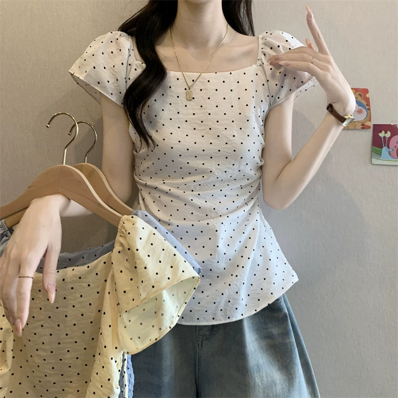 YS8 реальный снимок новая рубашка в французском стиле с пышными рукавами и квадратным воротником в горошек для женщин