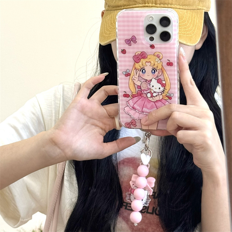 粉格纹鎏金美少女KT适用iPhone17苹果16ProMax手机壳15少女14新款|undefined