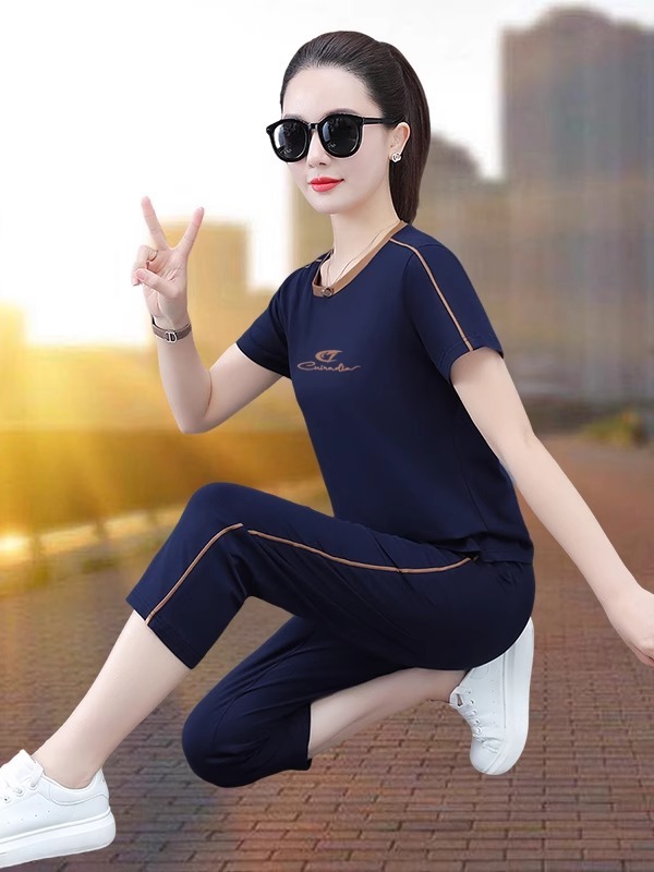 纯棉运动套装女夏季薄款2025新款休闲跑步健身服短袖七分裤两件套|undefined