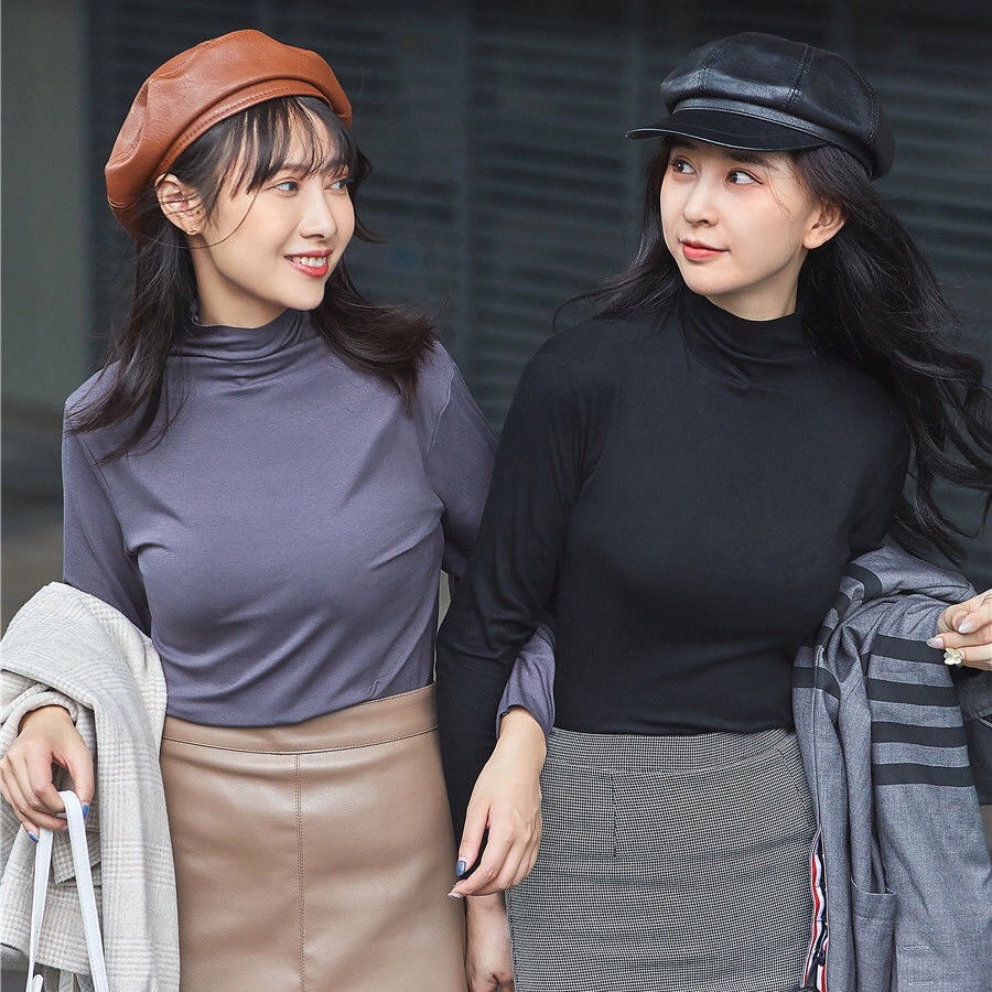 Hyaluronic Acid Skin-Nourishing Clothing for Women, Spring and Autumn Style, Half-High Collar, Korean Style, Long-Sleeved Moisturizing Mask Base Shirt, Round Neck, Versatile T-Shirt