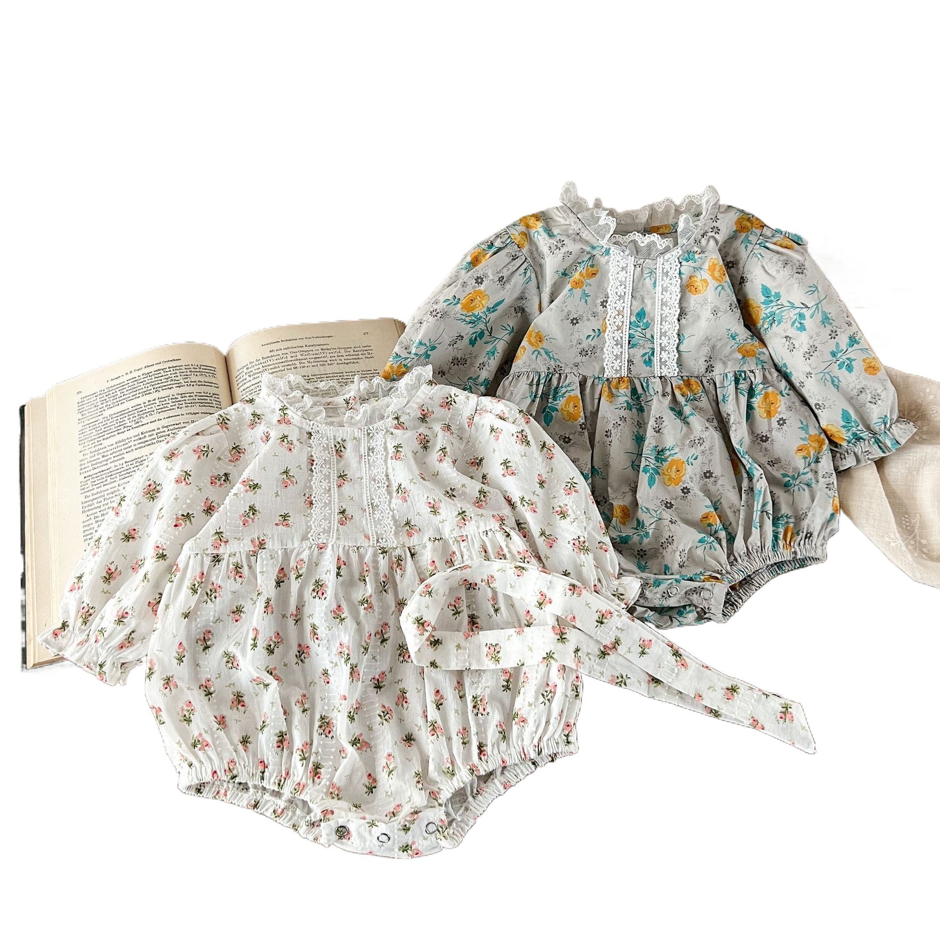 2023 estilo coreano niñas bebé de encaje floral mameluco ins versátil primavera y otoño algodón mono con pañuelo en la cabeza