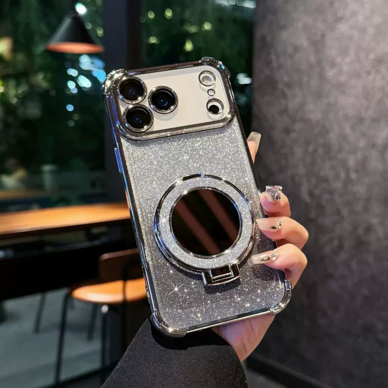 适用iPhone17pro苹果17闪粉防摔手机壳带化妆镜全包镜头膜软壳