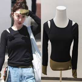 长期现货2025夏中餐厅姜妍同款黑色网纱拼接假两件长袖T恤女上衣