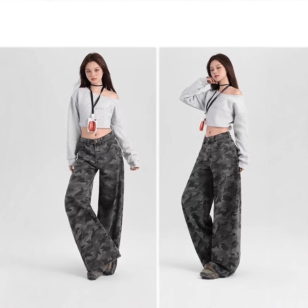 European and American Large Size High-Waisted Work Jeans for Women 2025 Spring and Summer Wide-Leg Retro Camouflage Draped Versatile Loose Pants