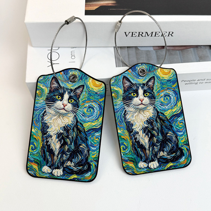 Portable Pu Luggage Identification Tags for Travel, 2-Piece Set, Oil Painting Black and White Cat Design, Boarding Pass Metal Ring, Anti-Theft Id Tag
