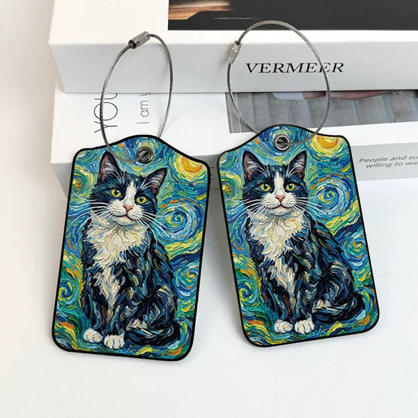 Portable Pu Luggage Identification Tags for Travel, 2-Piece Set, Oil Painting Black and White Cat Design, Boarding Pass Metal Ring, Anti-Theft Id Tag