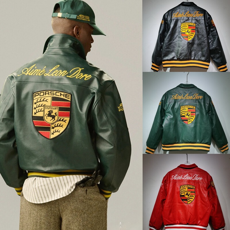 Porsche Racing Jacket Co-Branded with James Car Motorcycle Heavy Micro-Badge Embroidered Men's and Women's Retro Leather Jacket