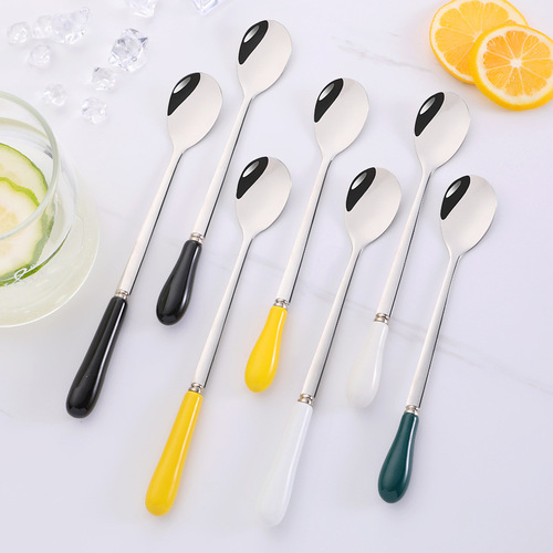 Factory direct supply creative ceramic handle 304 stainless steel coffee dessert spoon restaurant hotel mug small spoon
