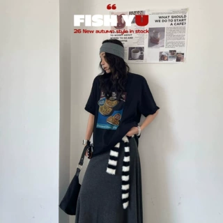 十三行FlSHYU早秋新款美式复古曲奇饼干字母印花短袖t恤女626550