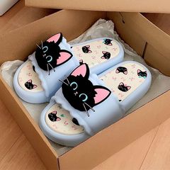 卡通可爱个性拖鞋夏季休闲网红外穿软底居家甜酷防滑小黑猫一字