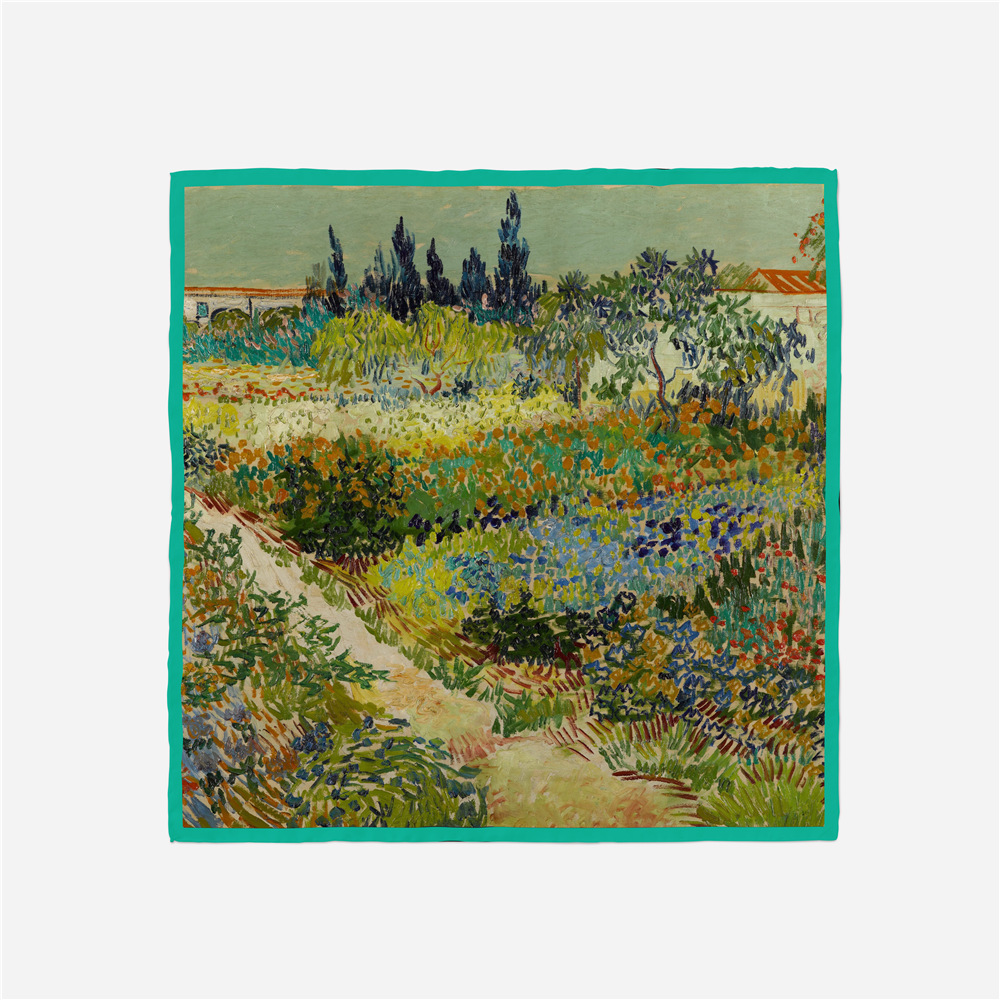 40g Weight Silk Material 53cm New Van Gogh Oil Painting Series Green Flower Garden Path Twill Small Scarf Silk Scarf
