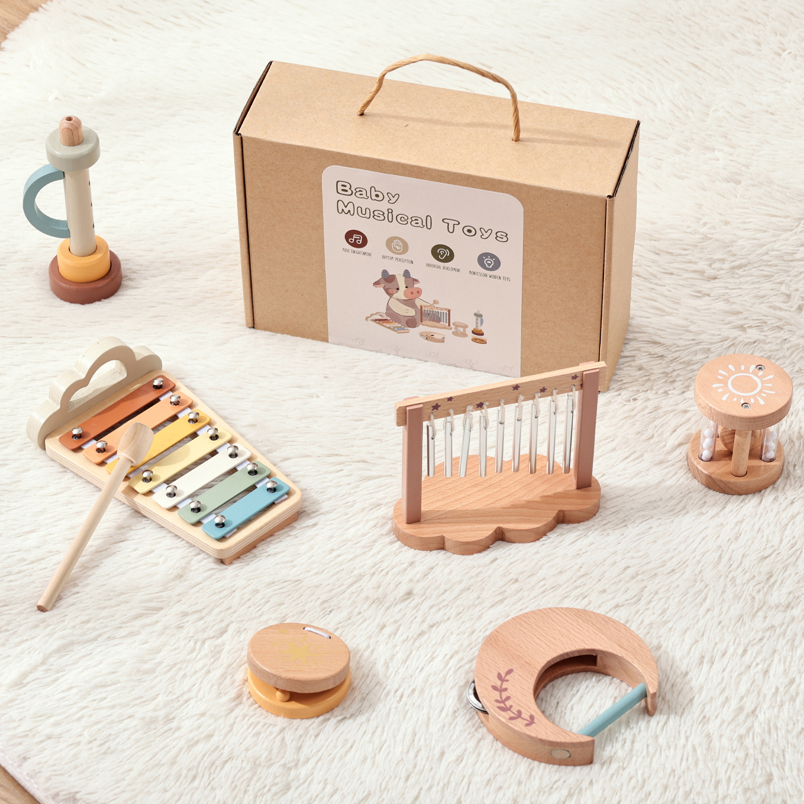 Orff Instrumentos musicales Juego de 6 piezas Educación temprana para bebés Ejercicio de escucha Alaciamiento de madera Tocar campanillas Juguetes musicales para niños
